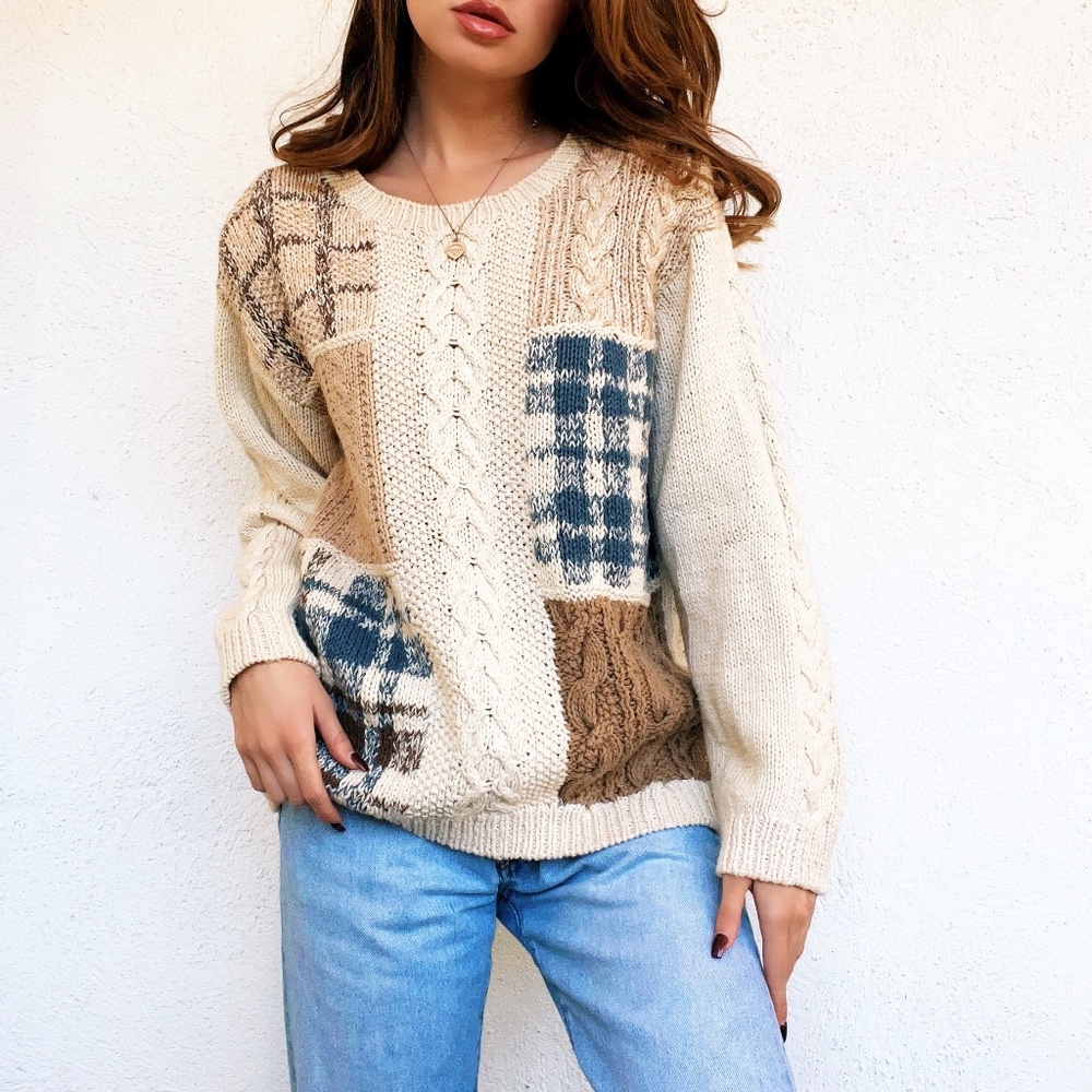 Creamy Vintage Patchwork Sweater - image 2